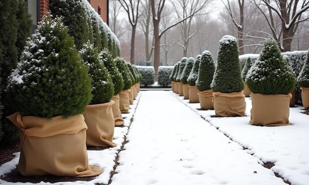 Burlap wrapped evergreen shrub in a winter landscape