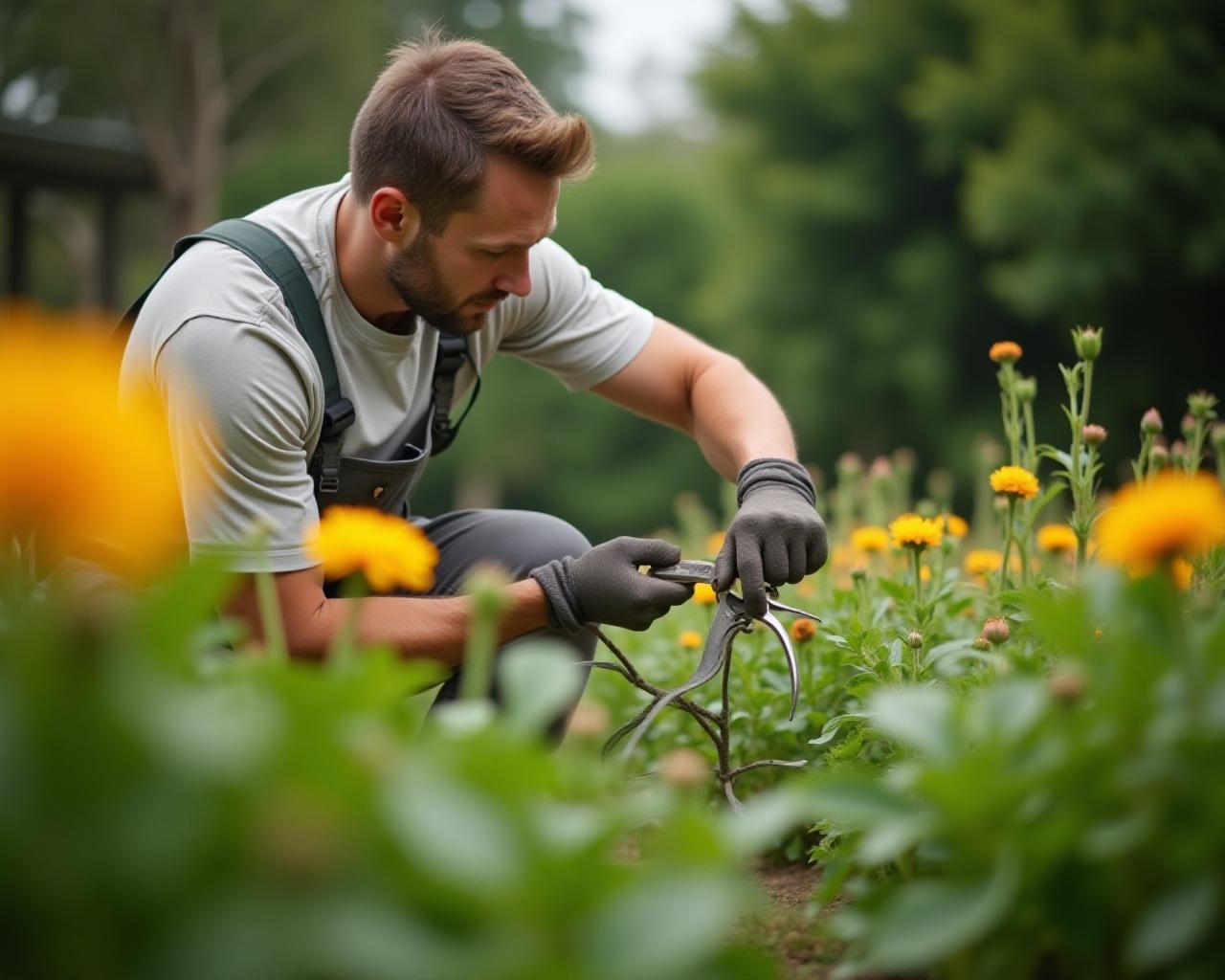 Professional gardener tending to lush perennials